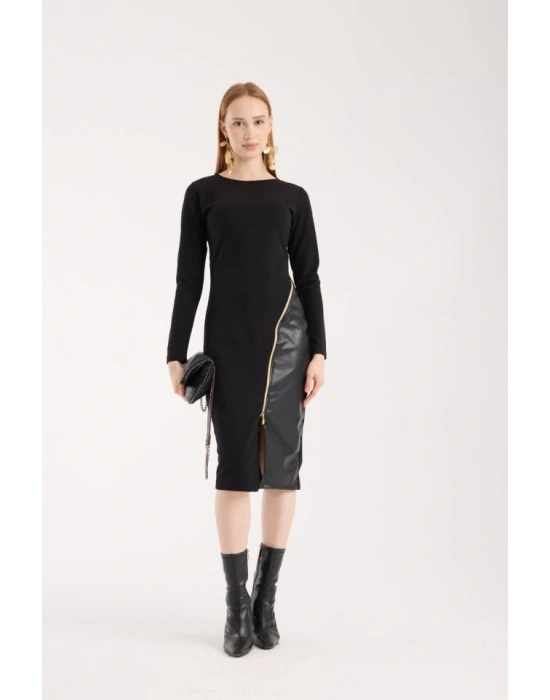 Kadın Bisiklet Yaka Uzun Kollu Deri Ve Fermuar Detay Mini Yırtmaçlı Elbise