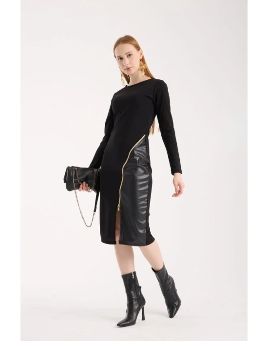 Kadın Bisiklet Yaka Uzun Kollu Deri Ve Fermuar Detay Mini Yırtmaçlı Elbise