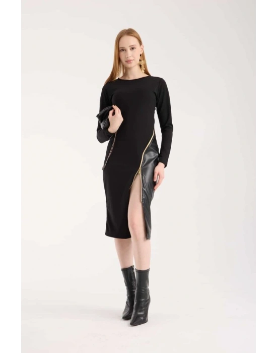 Kadın Bisiklet Yaka Uzun Kollu Deri Ve Fermuar Detay Mini Yırtmaçlı Elbise