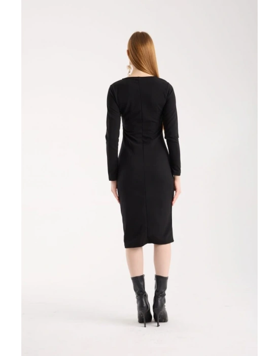 Kadın Bisiklet Yaka Uzun Kollu Deri Ve Fermuar Detay Mini Yırtmaçlı Elbise