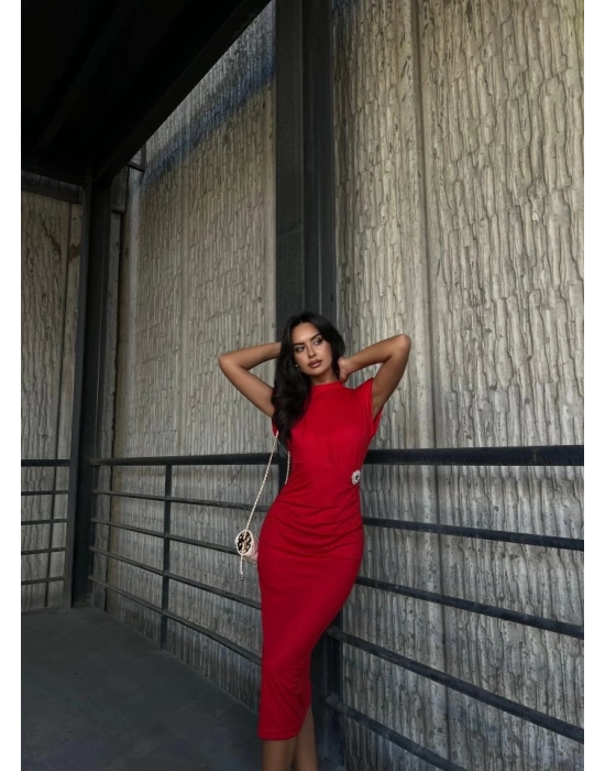 Kadın Bisiklet Yaka Vatkalı Broş Detay Kısa Kol Midi Boy Elbise