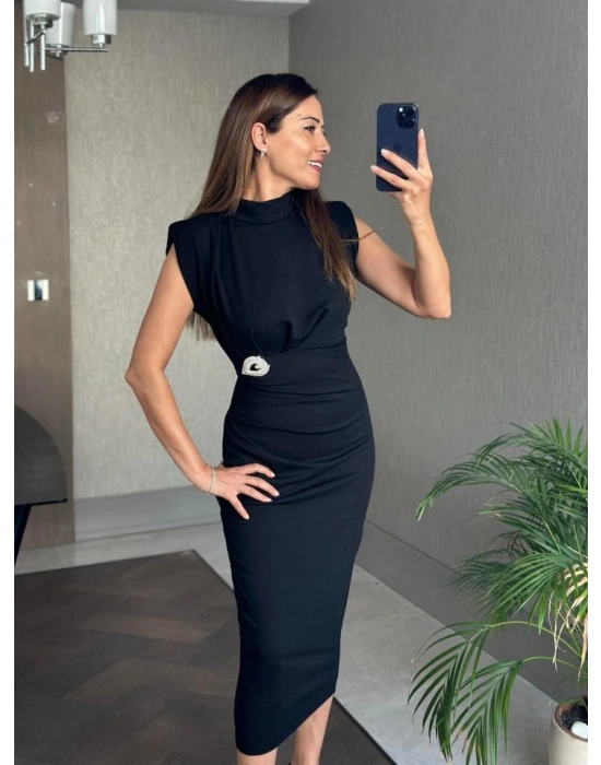 Kadın Bisiklet Yaka Vatkalı Broş Detay Kısa Kol Midi Boy Elbise