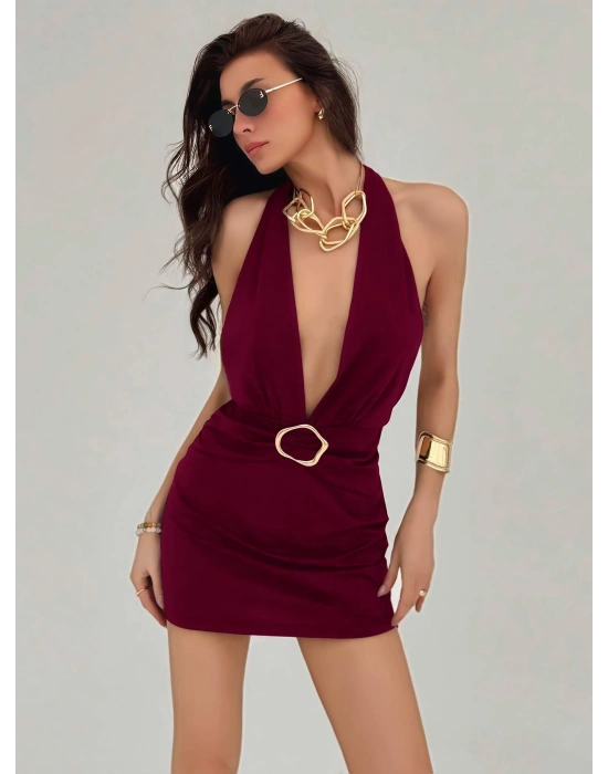 Kadın Bordo Aksesuar Detaylı Boyundan Bağlamalı Şık Tasarım Fantezi Elbise 5140