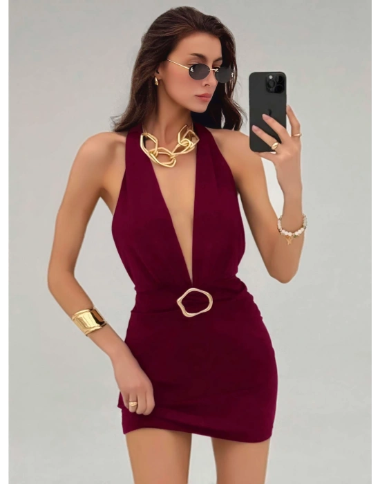 Kadın Bordo Aksesuar Detaylı Boyundan Bağlamalı Şık Tasarım Fantezi Elbise 5140