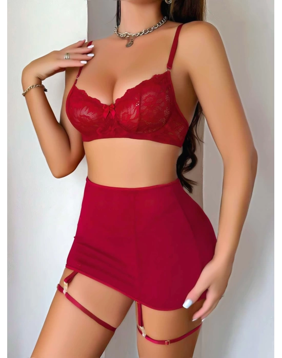 Kadın Bordo Etek Fantazi Jartiyer Sexy Gecelik Takım 2151