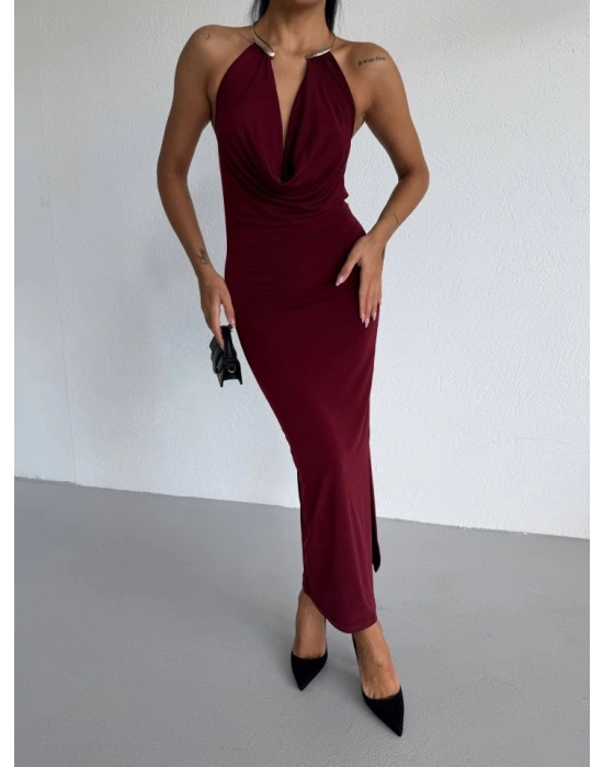 Kadın Boyun Aksesuarlı Halter Yaka Maxi Boy Sandy Kumaş Elbise