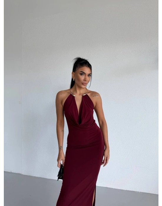 Kadın Boyun Aksesuarlı Halter Yaka Maxi Boy Sandy Kumaş Elbise