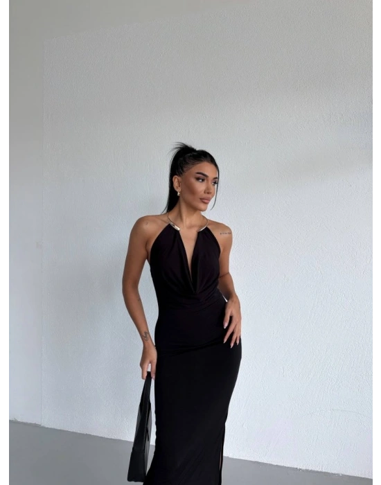 Kadın Boyun Aksesuarlı Halter Yaka Maxi Boy Sandy Kumaş Elbise