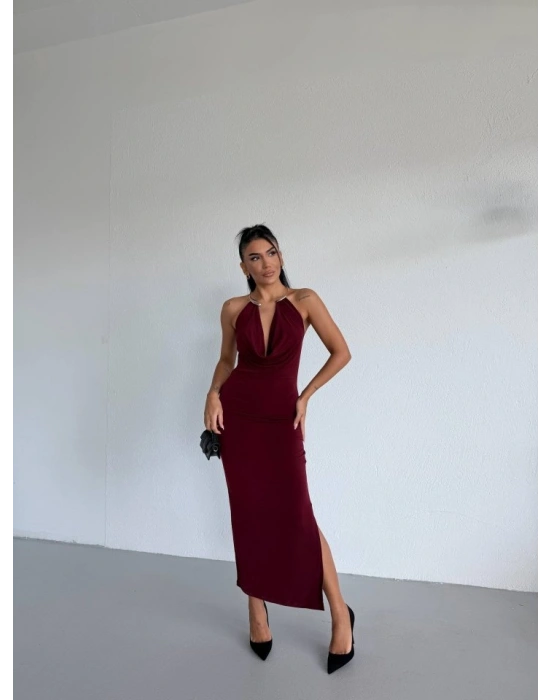 Kadın Boyun Aksesuarlı Halter Yaka Maxi Boy Sandy Kumaş Elbise