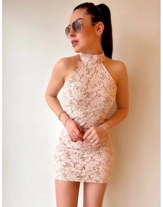 Kadın Boyun Bağlamalı Full Likralı Astarlı Dantel Mini Elbise