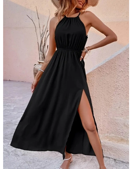 Kadın Boyundan Askılı Belden Lastikli Yandan Yırtmaç Detaylı Viskon Elbise