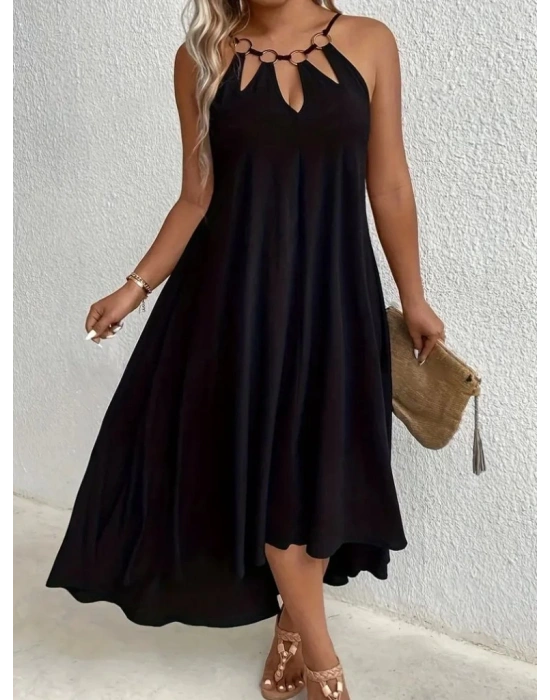 Kadın Boyundan Askılı Damla Detaylı Halkalı Asimetrik Kesim Viskon Elbise