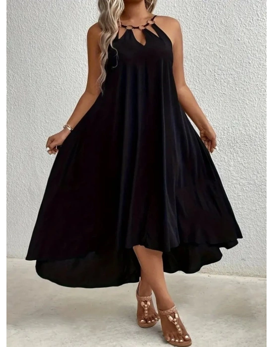 Kadın Boyundan Askılı Damla Detaylı Halkalı Asimetrik Kesim Viskon Elbise