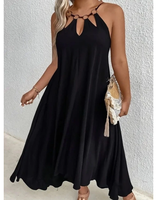 Kadın Boyundan Askılı Damla Detaylı Halkalı Asimetrik Kesim Viskon Elbise