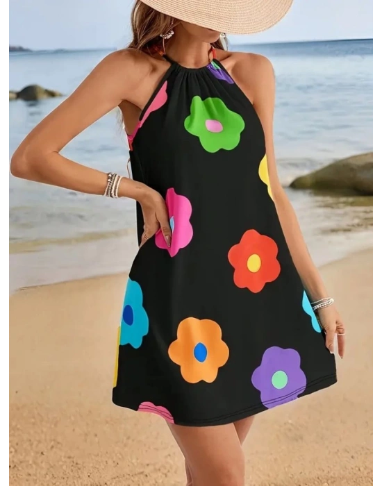 Kadın Boyundan Askılı Kolsuz çiçek Desenli Süprem Elbise