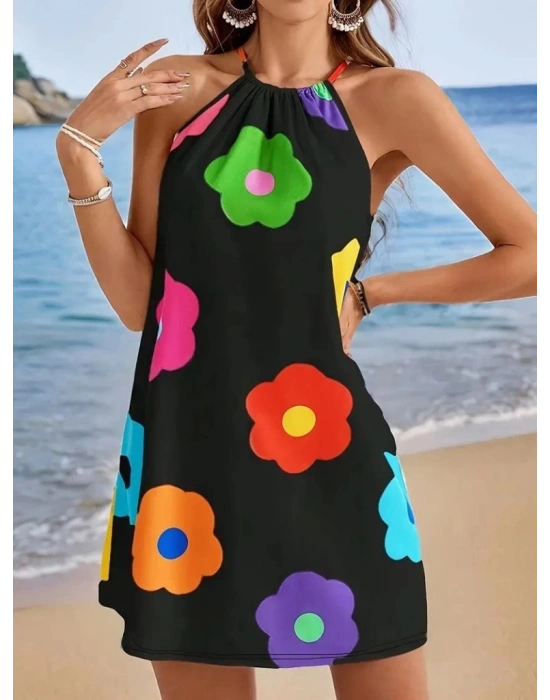 Kadın Boyundan Askılı Kolsuz çiçek Desenli Süprem Elbise