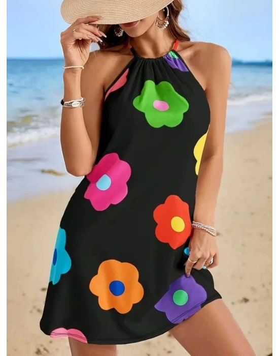 Kadın Boyundan Askılı Kolsuz çiçek Desenli Süprem Elbise