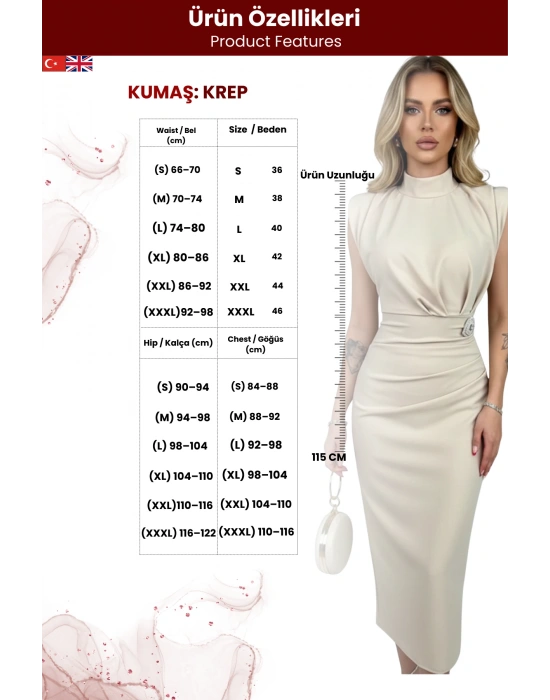 Kadın Broş Detaylı Balıkçı Yaka Drapeli Ve Vatkalı Krep Elbise