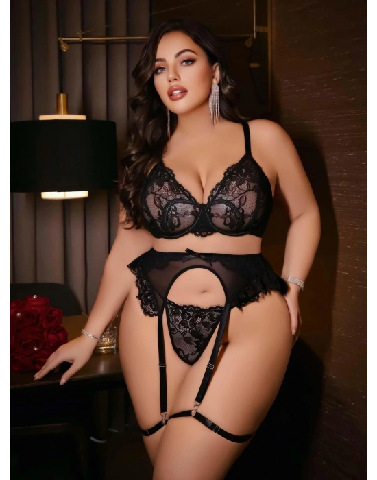 Kadın Büyük beden dantel detaylı fantezi jartiyer takımı 8010