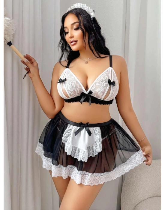 Kadın Büyük Beden  Seksi Hizmetçi Kostüm Fantezi Transparan Tül Fantezi Erotik 8006