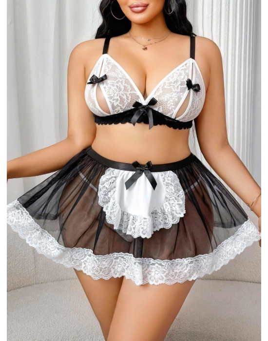 Kadın Büyük Beden  Seksi Hizmetçi Kostüm Fantezi Transparan Tül Fantezi Erotik 8006