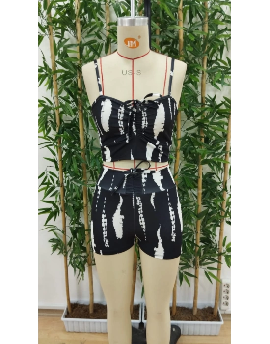 Kadın Büzgü Detay Askılı Crop Mini Tayt Ikili Takım