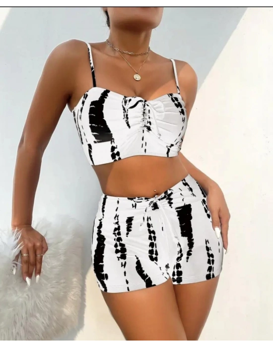 Kadın Büzgü Detay Askılı Crop Mini Tayt Ikili Takım