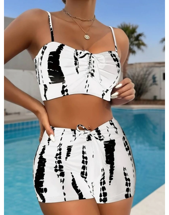 Kadın Büzgü Detay Askılı Crop Mini Tayt Ikili Takım