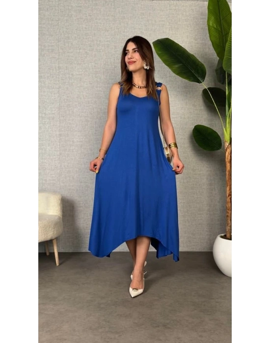 Kadın çan Dokuma Kumaş V Yaka Asimetrik Kesim Elbise