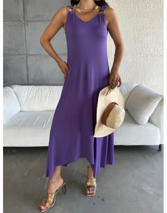 Kadın çan Dokuma Kumaş V Yaka Asimetrik Kesim Elbise