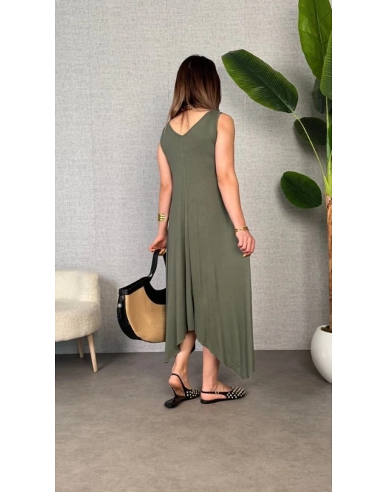 Kadın çan Dokuma Kumaş V Yaka Asimetrik Kesim Elbise