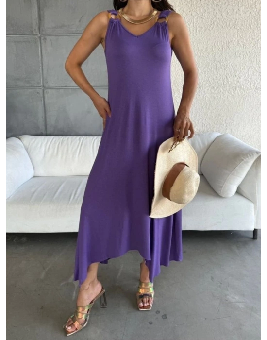 Kadın çan Dokuma Kumaş V Yaka Asimetrik Kesim Elbise