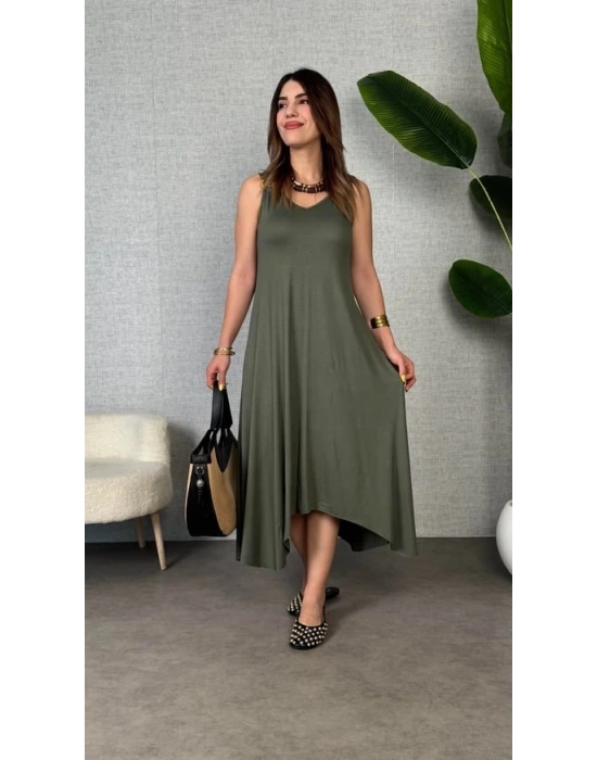 Kadın çan Dokuma Kumaş V Yaka Asimetrik Kesim Elbise