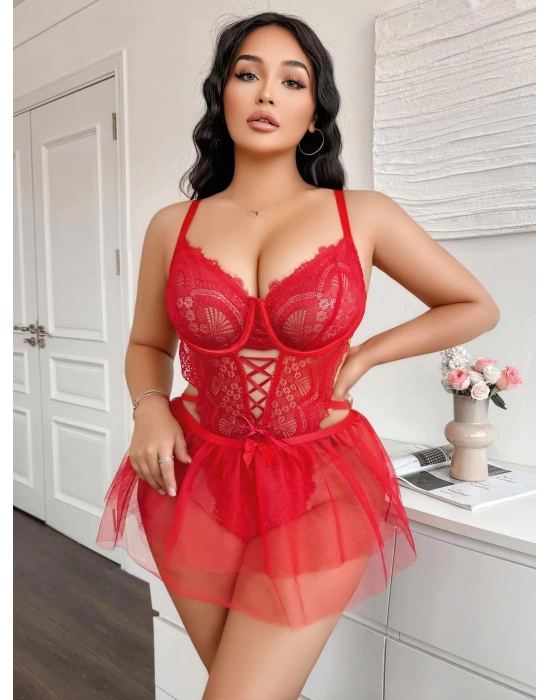 Kadın Çapraz İpli Dantelli Büyük Beden Tüllü Transparan Fantezi Gecelik 8008