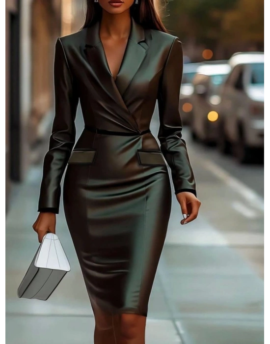 Kadın Ceket Yaka Ve Cep Detay Dizüstü Deri Elbise