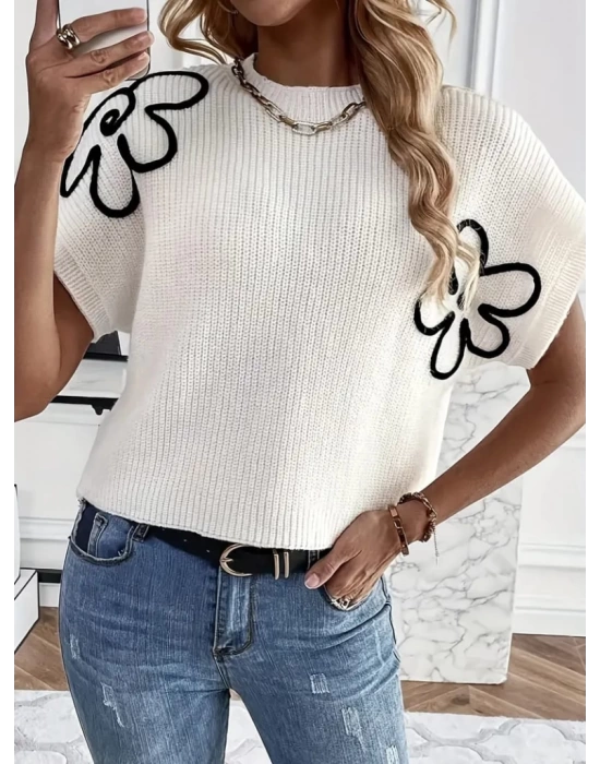 Kadın çiçek Detaylı Triko Bluz