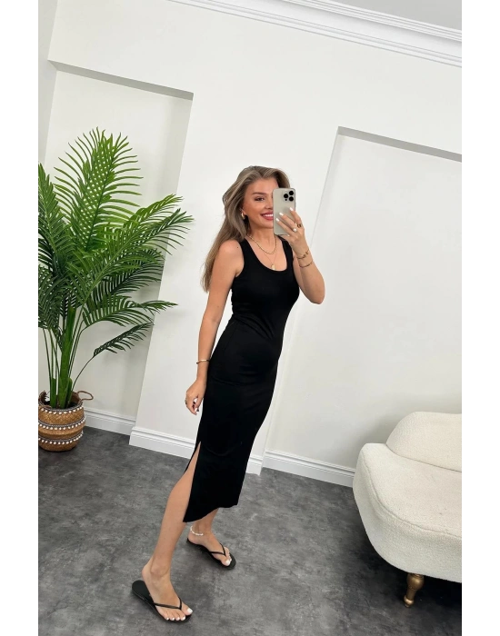 Kadın çift Yırtmaç Detaylı Sıfır Kol Midi Boy Elbise