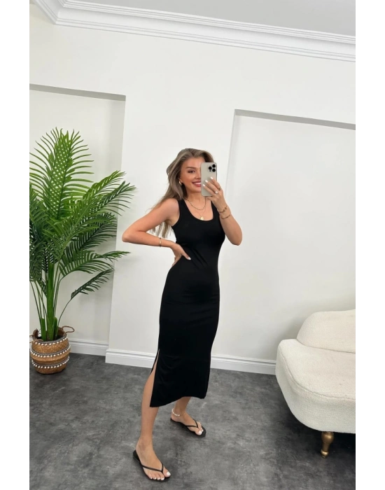 Kadın çift Yırtmaç Detaylı Sıfır Kol Midi Boy Elbise