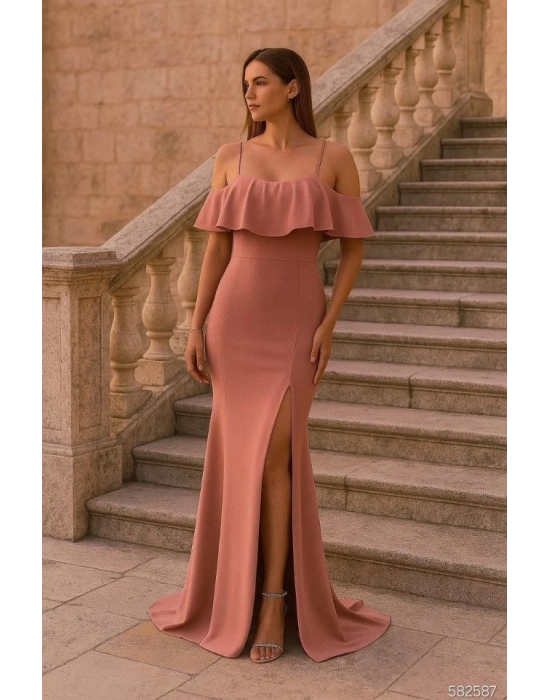 Kadın Dalgıç Krep Yırtmaç Detaylı Askılı Maxi Boy Elbise