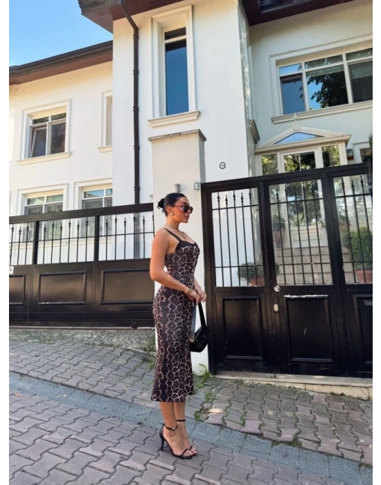 Kadın Dalgıç Kumaş Dijital Leopar Baskılı Midi Boy Elbise