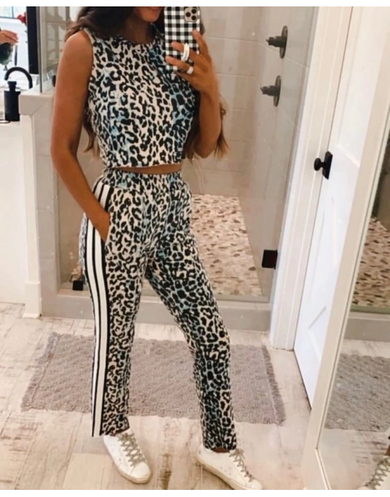 Kadın Dalgıç Kumaş Dijital Leopar Baskılı şerit Detaylı Takım