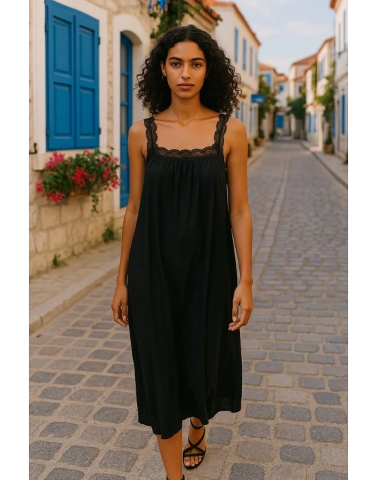 Kadın Dantel Askılı Kare Yakalı Uzun Viskon Elbise