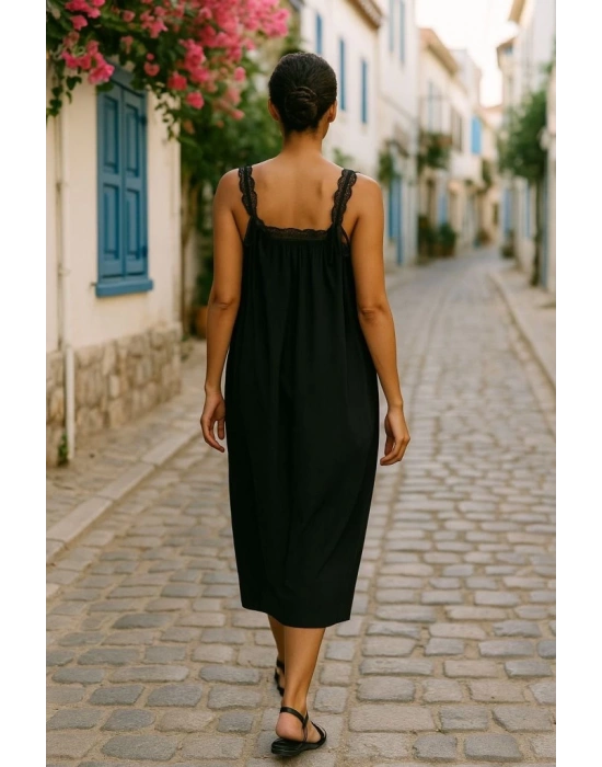 Kadın Dantel Askılı Kare Yakalı Uzun Viskon Elbise