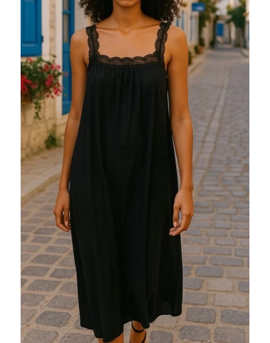 Kadın Dantel Askılı Kare Yakalı Uzun Viskon Elbise