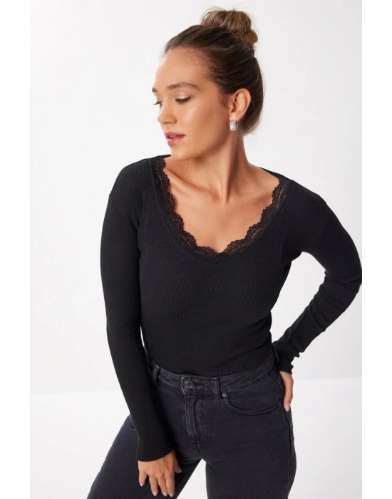 Kadın Dantel Detay V Yaka Kaskorse Kumaş Bluz