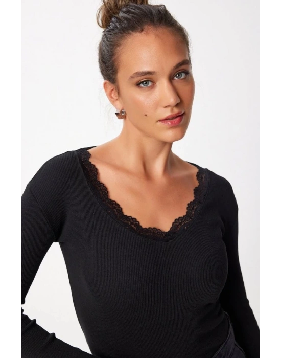 Kadın Dantel Detay V Yaka Kaskorse Kumaş Bluz