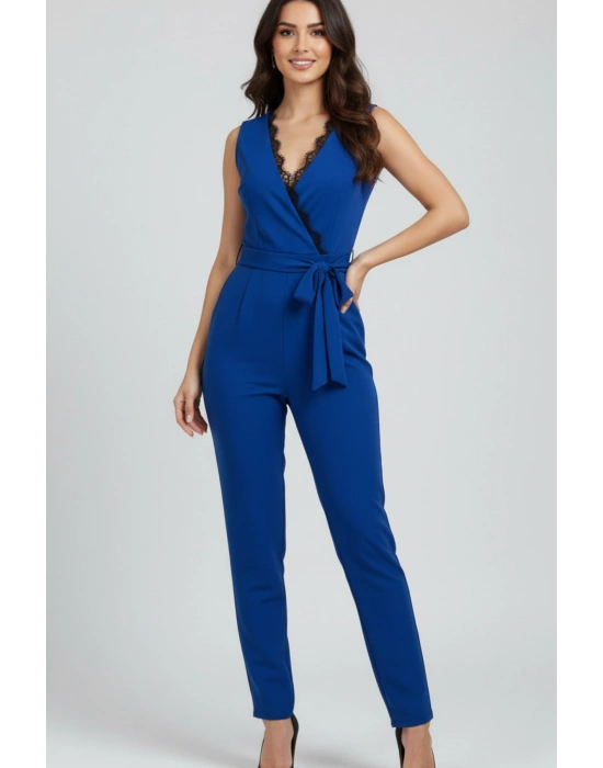 Kadın Dantel Detaylı Kuşaklı Ithal Krep Kumaş Tulum