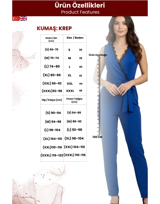 Kadın Dantel Detaylı Kuşaklı Ithal Krep Kumaş Tulum