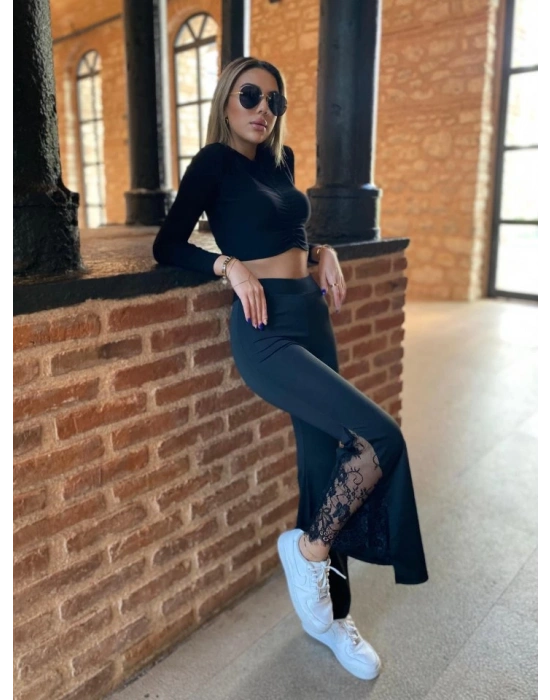 Kadın Dantel Eklemeli Ispanyol Paça Scuba Tayt Pantalon