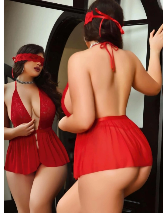 Kadın Dantel Göz Bantlı Boyundan Bağlamalı Fantazi Büyük Beden Gecelik  8001